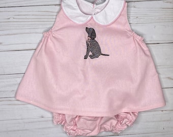 FRANCES girls pink black lab dog dress vintage style classic linen swing top or dress with vintage stitch dog puppy embroidery