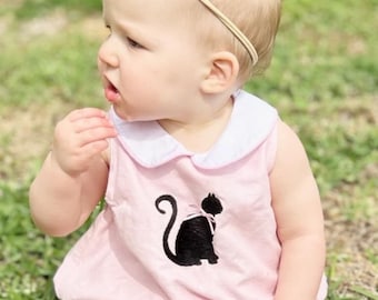 FRANCES baby girls vintage style classic linen baby bubble  with vintage stitch black cat embroidery