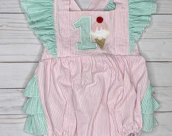 SAMPLE  SALE ice cream birthday pink mint ruffle shoulder ruffle bottom sunsuit romper/ toddler baby girls/ sweet one first birthday