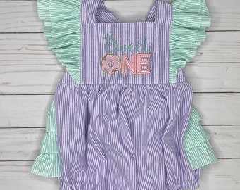 LIZZIE twins sweet one donut birthday purple mint ruffle shoulder ruffle bottom sunsuit romper / toddler baby girls / summer birthday