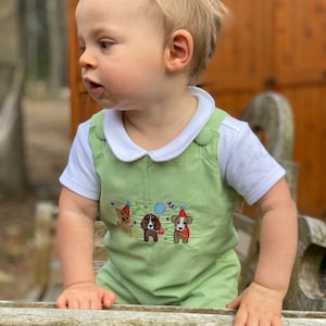 JOHN green gingham party puppy dogs first Birthday shortall longall romper