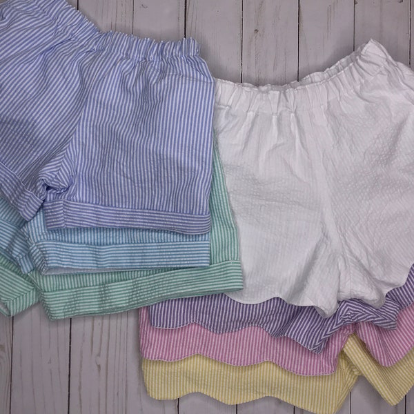 boy or girl classic cuffed or scalloped seersucker shorts for baby toddler big kid rainbow seersucker Easter shorts family matching