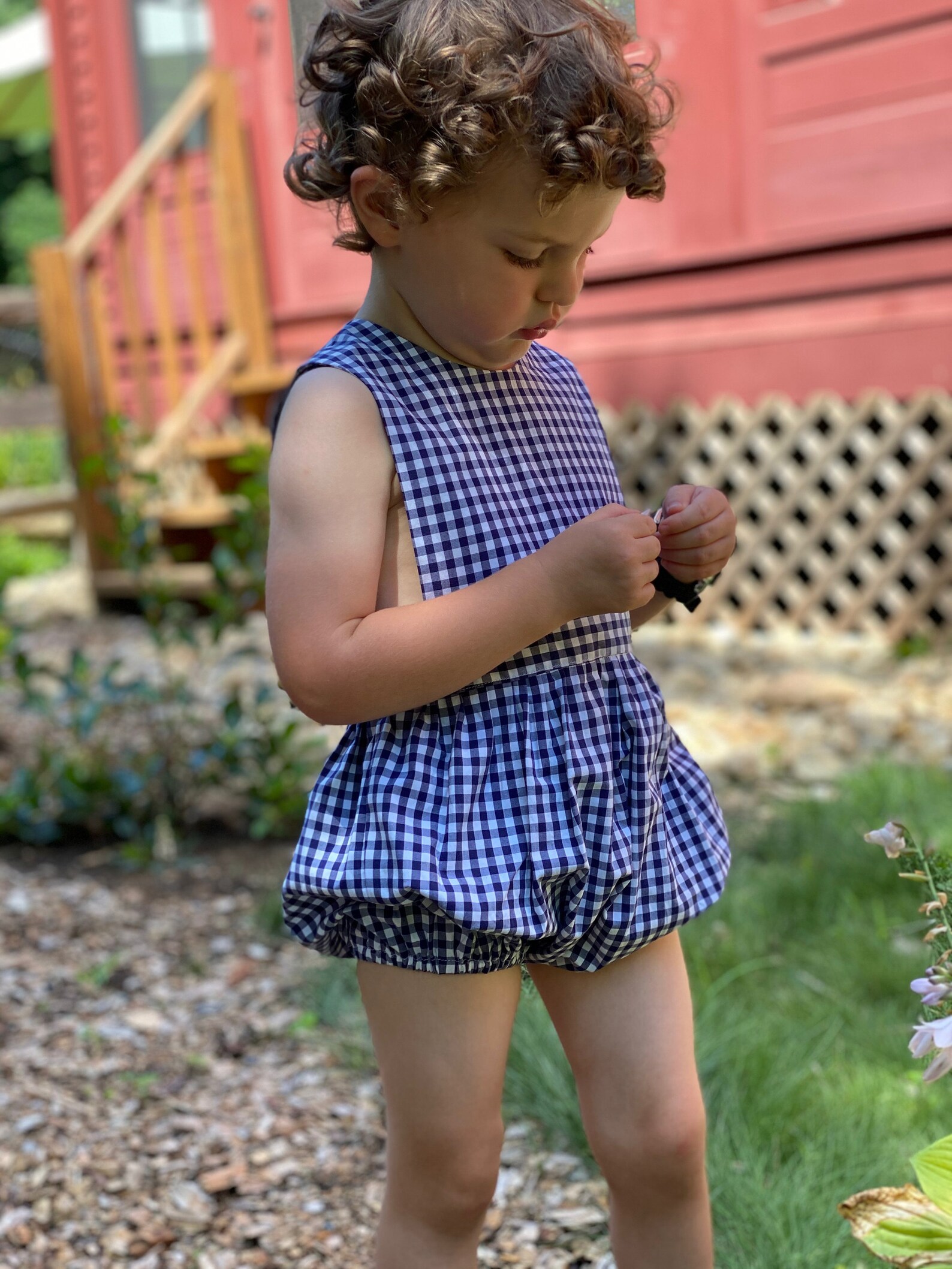 Boy Creeper Romper with Matching Hat - Blue Gingham main image 0