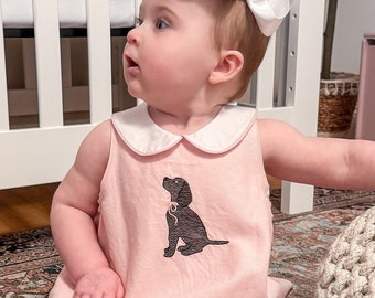 FRANCES baby girls vintage style classic linen baby bubble  with vintage stitch black chocolate yellow lab  puppy dog embroidery