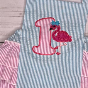 SAMPLE SALE Flamingo 1st birthday seersucker romper / 1st birthday flamingo outfit/ pink blue ruffled sunsuit flamingo sunsuit