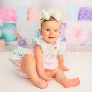 LIZZIE ice cream birthday pink mint ruffle shoulder ruffle bottom sunsuit romper/ toddler baby girls/ sweet one first second third birthday