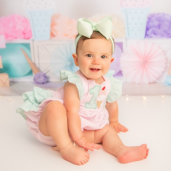 LIZZIE ice cream birthday pink mint ruffle shoulder ruffle bottom sunsuit romper/ toddler baby girls/ sweet one first second third birthday