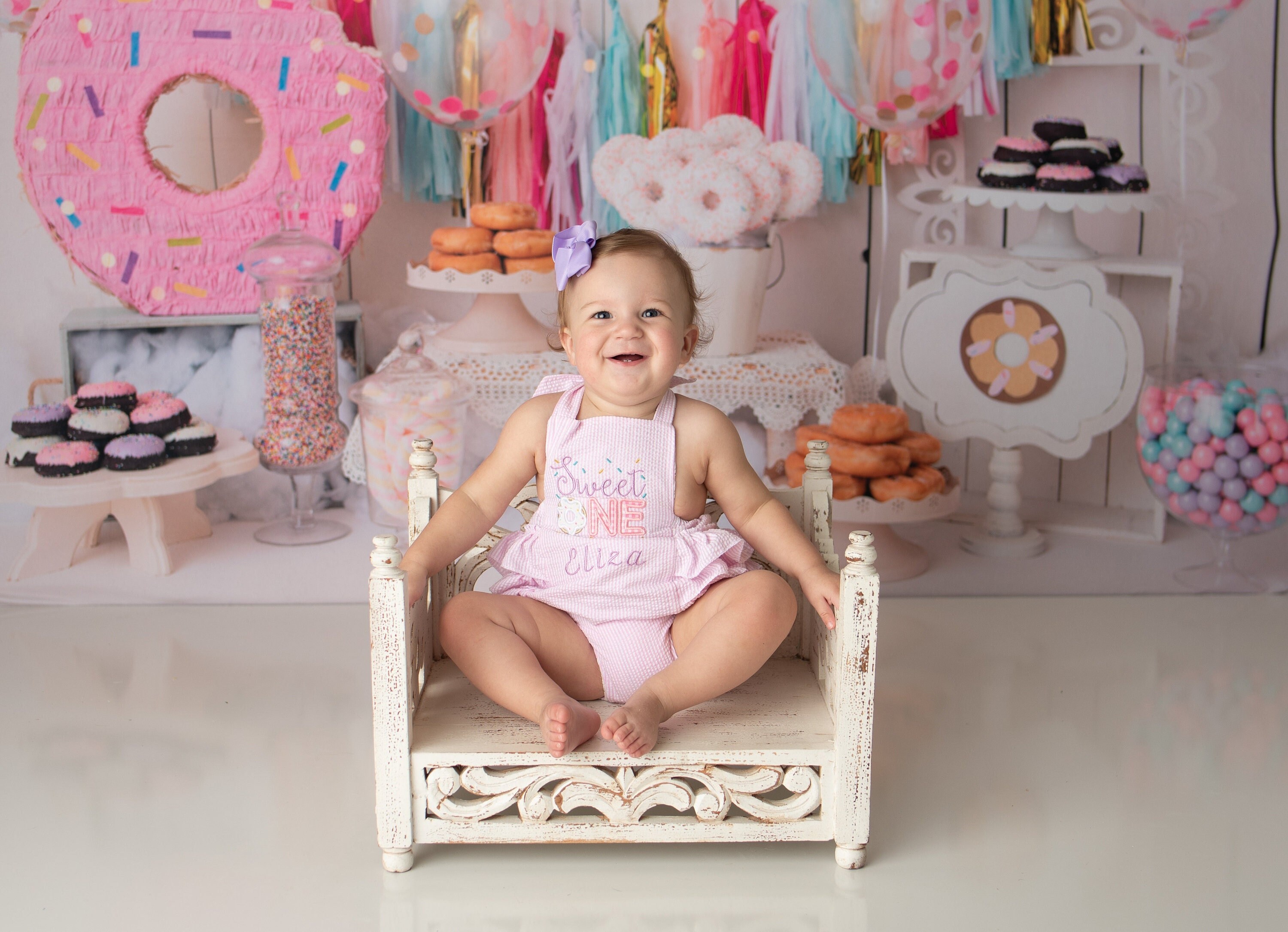 HALEY pink donut doughnut 1st birthday seersucker romper / 1st birthday sweet one outfit/ pink  ruffled sunsuit