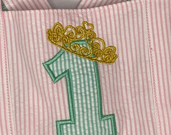 LIZZIE princess crown tiara birthday pink mint ruffle shoulder ruffle bottom sunsuit romper/ toddler baby girls/ first second third birthday
