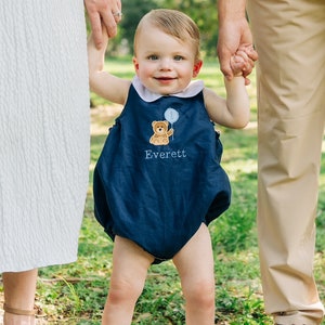 FRANCES baby boy vintage style  bubble romper bear and balloon embroidery