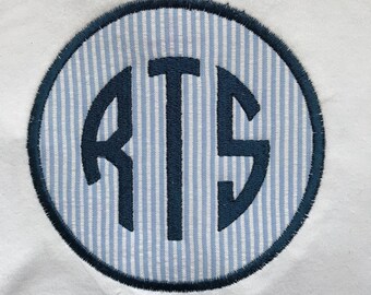 navy blue and white seersucker stripe monogram patch / circle monogram patch / boy monogram badge