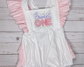 LIZZIE sweet one donut birthday white and pink ruffle shoulder ruffle bottom sunsuit romper / toddler baby girls / summer birthday