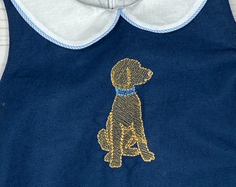 FRANCES twin baby boy vintage style classic linen baby bubble  with vintage stitch labradoodle puppy dog embroidery doodle