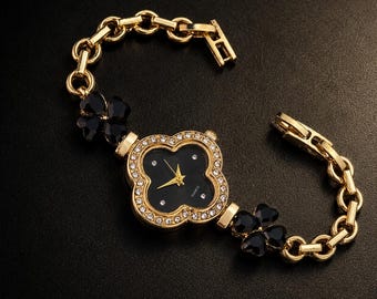 Elegant Black Flower Watch for Women, Gold Chain Bracelet Watch, Vintage Style Floral Wrist Watch, Luxury Jewelry Inspired Timepiece Gift