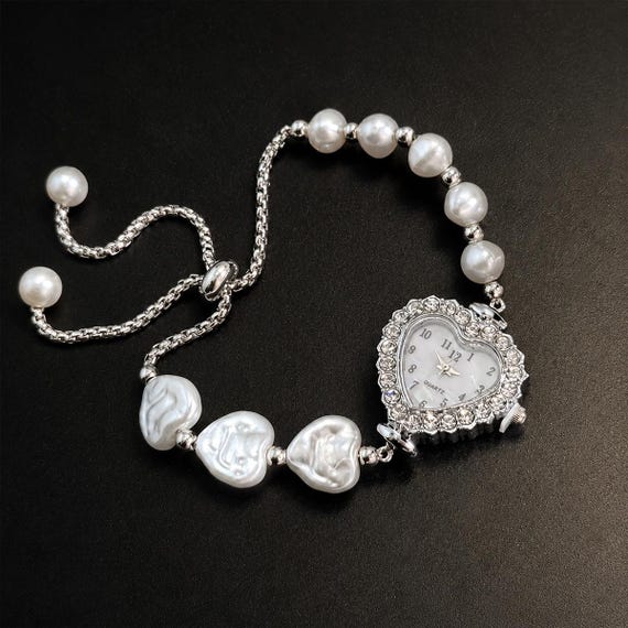 Pearl Bracelet Watch Heart Quartz Wristwatch Women Jewelry Elegant Bridal Gift Dainty Luxury Pearl Chain Watch Gift for Her Wedding Jewelry