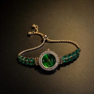 Emerald Green Crystal Watch Bracelet for Women, Gold Tone Adjustable Wrist Watch, Jewelry Watch Gift for Her, Luxury Dress Watch image 4