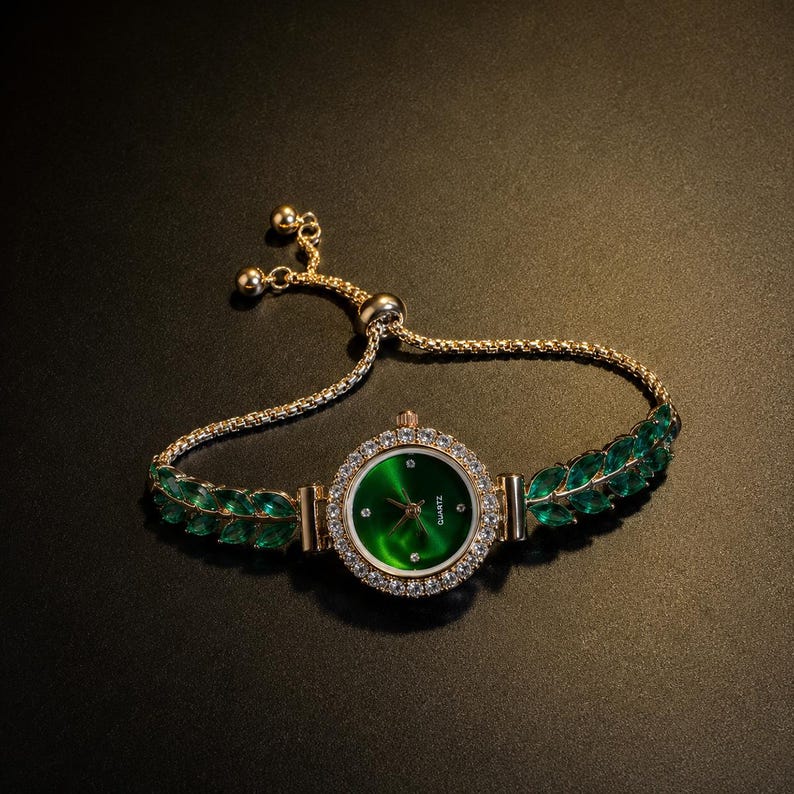 Emerald Green Crystal Watch Bracelet for Women, Gold Tone Adjustable Wrist Watch, Jewelry Watch Gift for Her, Luxury Dress Watch image 4