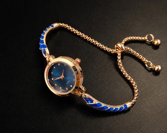 Zegarek na bransolecie z niebieską tarczą dla kobiet, zegarek biżuteryjny w odcieniu różowego złota, regulowany zegarek na łańcuszku, elegancki prezent urodzinowy w stylu pawia dla niej