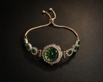 Reloj de pulsera de lujo verde esmeralda para mujer, reloj de pulsera floral de cristal oro rosa, reloj de joyería ajustable, regalo elegante para ella.