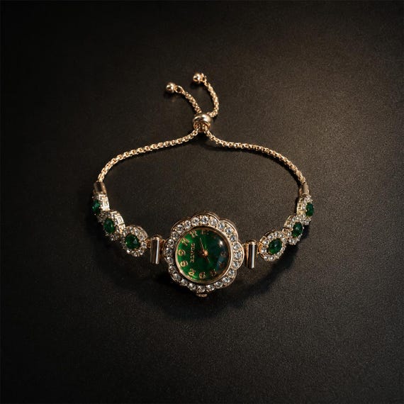 Luxury Emerald Green Bracelet Watch for Women, Rose Gold Crystal Floral Wrist Watch, Adjustable Jewelry Watch, Elegant Gift for Her