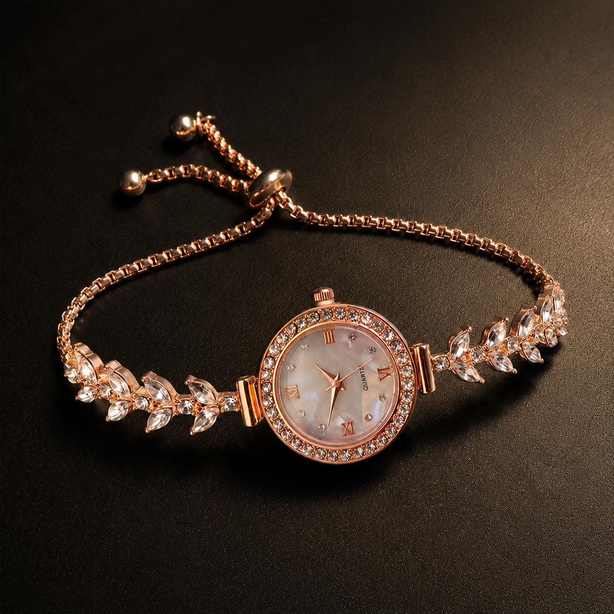 Elegant Vintage Bracelet Watch for Women, Gold Crystal Leaf Wrist Watch, Luxury Jewelry Style Timepiece, Feminine Gift for Her