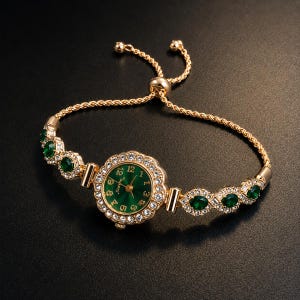 May include: A gold-tone quartz watch with a round green face featuring gold numerals. The bezel is encrusted with clear crystals. The bracelet consists of alternating green oval stones and clear crystals, finished with a gold-tone rope chain.