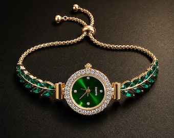 Emerald Green Crystal Watch Bracelet for Women, Gold Tone Adjustable Wrist Watch, Jewelry Watch Gift for Her, Luxury Dress Watch
