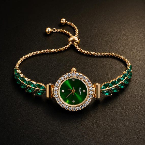 Emerald Green Crystal Watch Bracelet for Women, Gold Tone Adjustable Wrist Watch, Jewelry Watch Gift for Her, Luxury Dress Watch