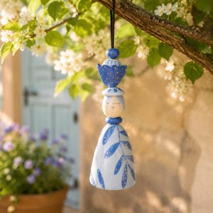 Handmade Ceramic Bell Ornament, Blue Floral Hanging Decor, Whimsical Pottery Wind Bell, Cute Artisan Home & Garden Decoration