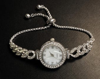 Silver Rhinestone Bracelet Watch for Women Adjustable Chain Jewelry Watch Elegant Crystal Wristwatch Luxury Gift for Her Wedding Prom Style