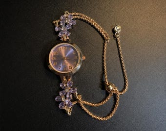 Personalized Floral Crystal Bracelet Watch for Women, Vintage Rose Gold Adjustable Wrist Watch, Purple Flower Jewelry Gift for Mom Wife Her