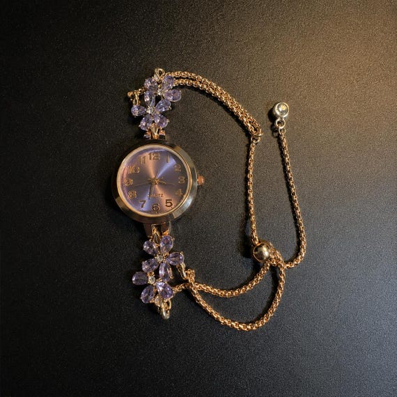 Personalized Floral Crystal Bracelet Watch for Women, Vintage Rose Gold Adjustable Wrist Watch, Purple Flower Jewelry Gift for Mom Wife Her
