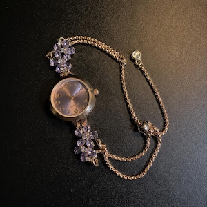 Personalized Floral Crystal Bracelet Watch for Women, Vintage Rose Gold Adjustable Wrist Watch, Purple Flower Jewelry Gift for Mom Wife Her image 5