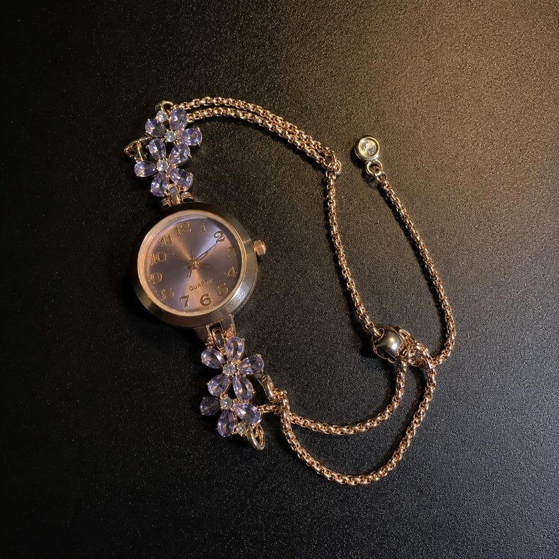 Personalized Floral Crystal Bracelet Watch for Women, Vintage Rose Gold Adjustable Wrist Watch, Purple Flower Jewelry Gift for Mom Wife Her image 5