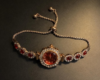 Vintage Ruby Red Crystal Bracelet Watch for Women, Rose Gold Adjustable Wrist Watch, Elegant Jewelry Watch, Birthday Gift