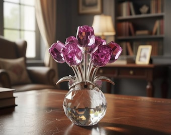 Tulipes violettes en cristal | Sculpture en bouquet de fleurs à facettes | Cadeau décoratif avec pierres précieuses