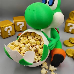 Yoshi popcornskål och snackshållare | Gamer Geek skrivbordsdekoration | Söt 3D-utskriven present | "Videospelsfankonst"