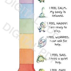以下が含まれることがあります： さまざまな感情を表す恐竜のイラストが描かれた、カラフルな温度計チャート。「I FEEL PROUD!」、「I FEEL CALM.」、「I FEEL HAPPY!」、「I FEEL WORRIED.」、「I FEEL SAD.」、「I FEEL MAD!」の文字が含まれています。