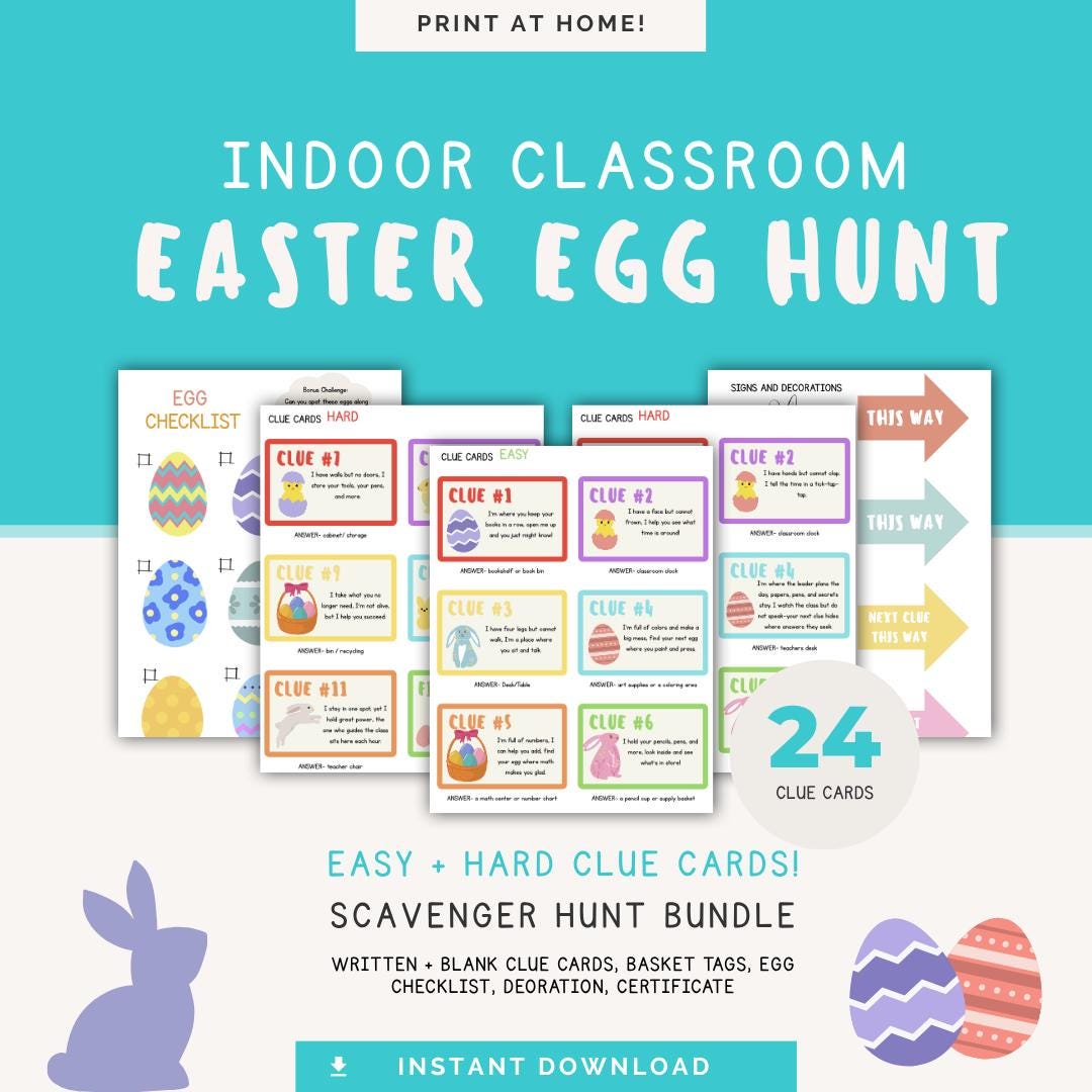 Classroom Easter Scavenger Hunt Printable – 24 Clues, Indoor Egg Hunt ...