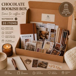 May include: A brown cardboard box containing 20 items, including an A5 notebook, various stationery, stickers, and pens. The box lid features the text Chocolate Bookish Box, Time to Coffee, and Hand Packed With Love, with a V Collection label.