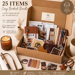Gemütliche braune Geschenkbox für Bücherliebhaber, Journal-Set, Notizbuch, Stifte, Sticker, 3 verschiedene Lesezeichen, Geschenkidee für Bücherfreunde, sofort verschenkfertiges Set in Braun