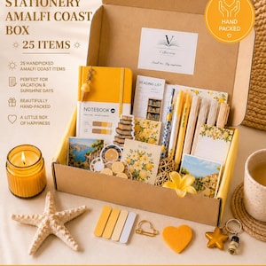 Briefpapierdoos van de Amalfikust, gele geschenkdoos, scrapbookset, zomerdagboekset, cadeau voor citroenliefhebbers, cadeau voor boekenliefhebbers, A6-notitieboekje, leuke pennen, 25 stuks