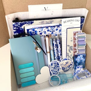 Vintage geschenkdoos met Frans plattelandsthema, briefpapierset, blauwe bloemenprint, scrapbook, dagboekset, journaling set, 20 items