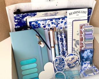 Coffret cadeau vintage campagne française, ensemble de papeterie, esthétique florale bleue, kit de scrapbooking, journal intime, ensemble de 20 articles
