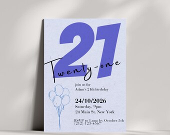 21st Birthday Invitation, Modern Blue Minimalist Party Invite Template (Digital Download)