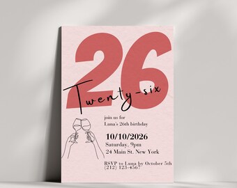 Modern Pink Editable Age Birthday Invitation Template, Minimalist Canva Design (Digital Download)