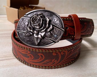Vintage Rose Belt Buckle, Silver Zinc Alloy, PU Belt Set (Hole Puncher Included)