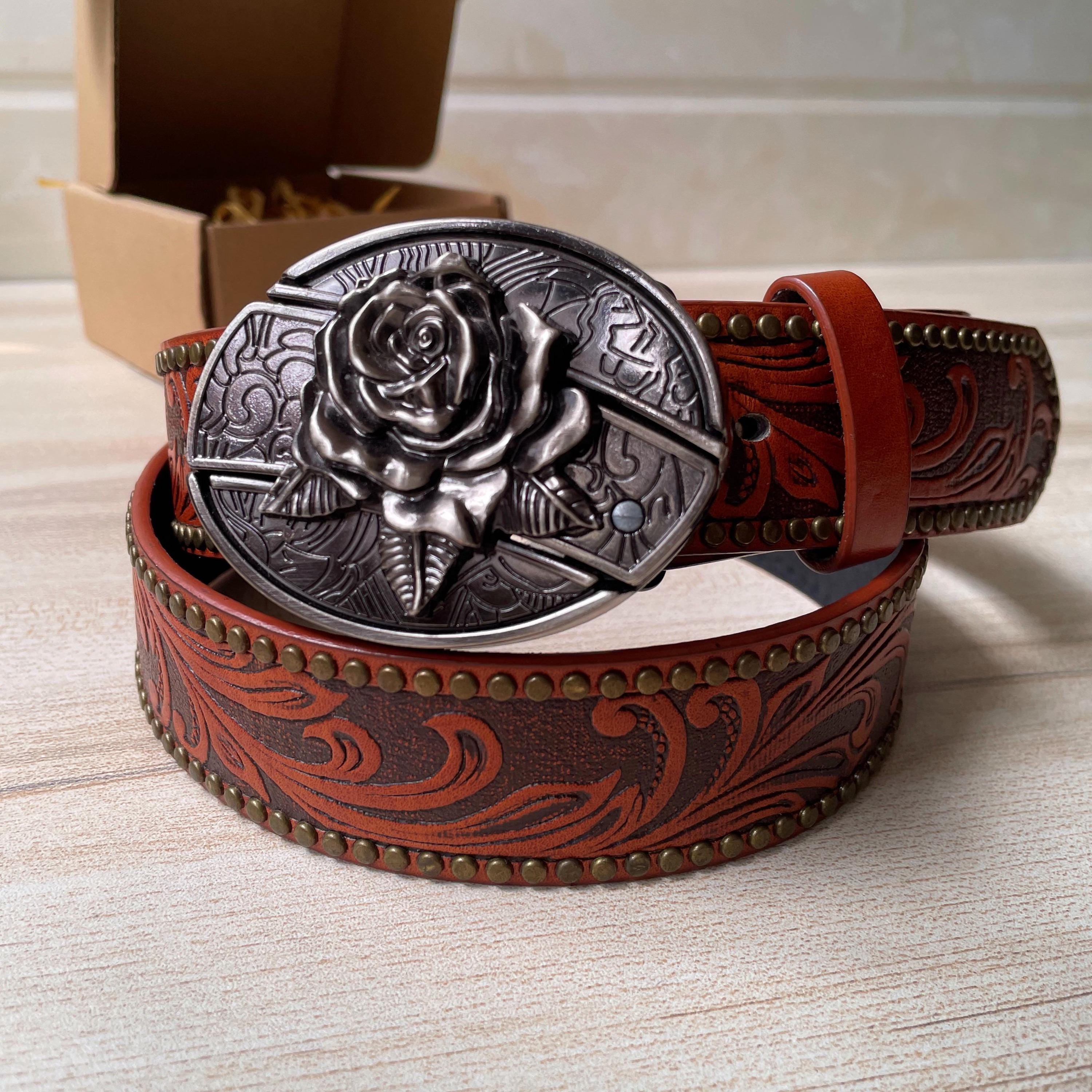Black Brown Leather Belt Lg Western Oval Silver Buckle Boho Cowgirl Reversible Cowboy Silver Belts for Women for sale | eBay main image 4