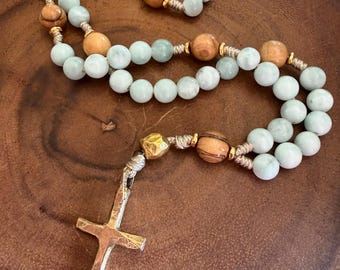 Protestant Fallowtide Prayer Beads | Green Moonstone and Holy Land Bethlehem Olive Wood