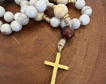 Christmastide and Eastertide |  Fallowtide Protestant Prayer Beads | White Lace Agate and gold accents
